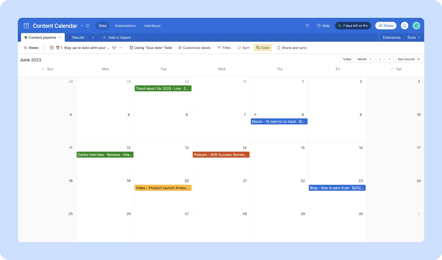 screenshot of airtable content calendar, calendar view