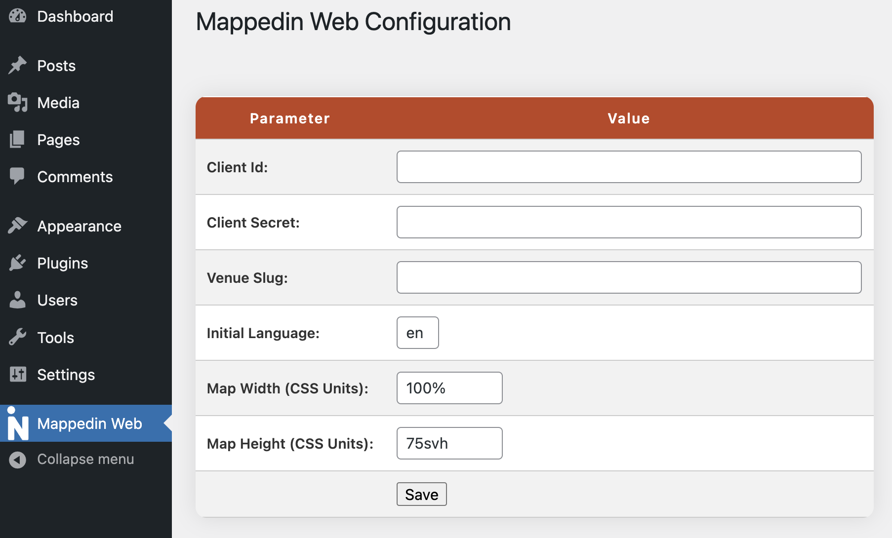 Admin Page of the Mappedin Web Plugin for WordPress