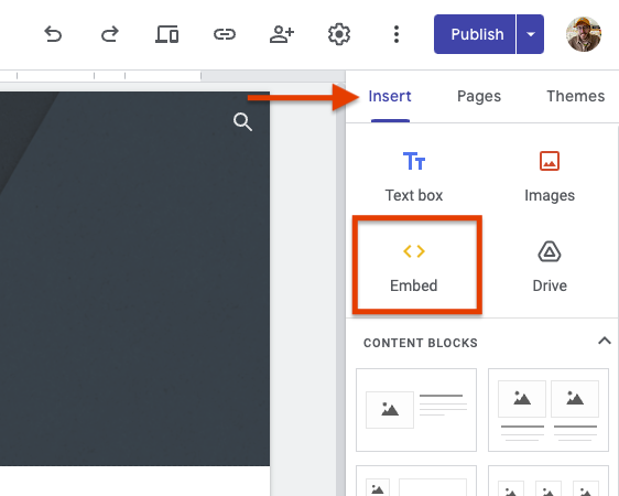 Screenshot demonstrating how to insert an embed on Google Sites