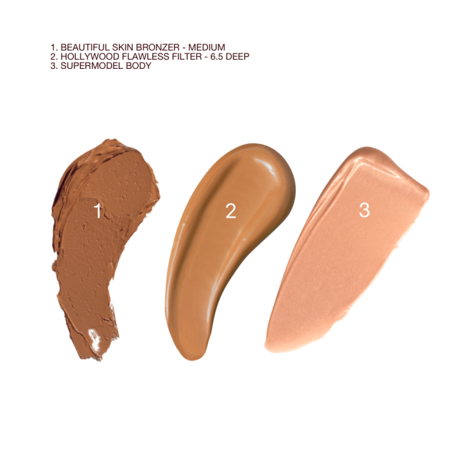 Swatches of a cream bronzer, glowy body highlighter, and luminous face primer.