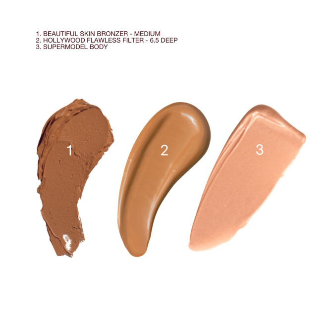 Swatches of a cream bronzer, glowy body highlighter, and luminous face primer.