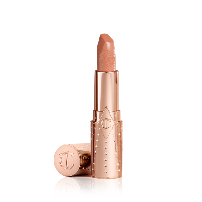 A warm caramel-nude lipstick with a satin finish in a gold-coloured tube.