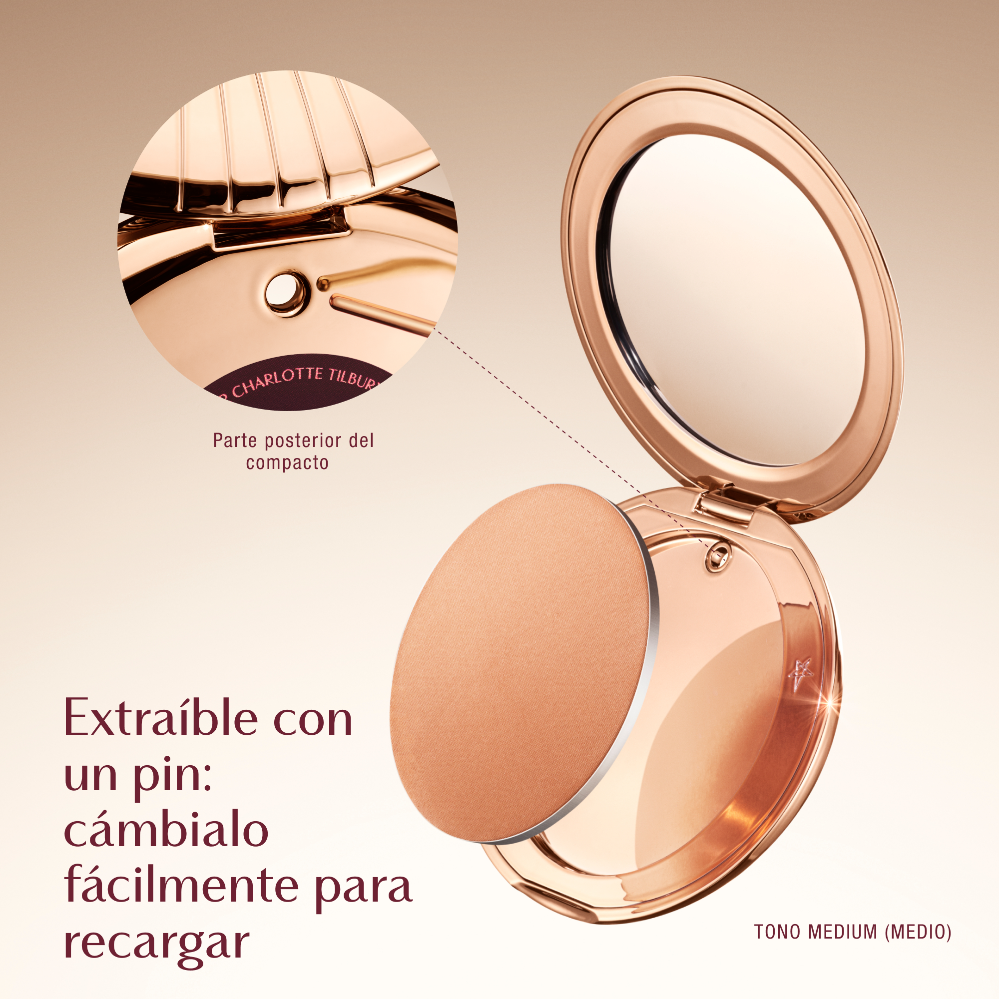 A Charlotte Tilbury compact with a mirror and refillable makeup pan. Text reads &#x27;Pop Out with a Pin and Swap for Easy Refill&#x27; and &#x27;Featuring Shade Medium.&#x27; An inset image shows the back of the compact with a pinhole for easy removal.