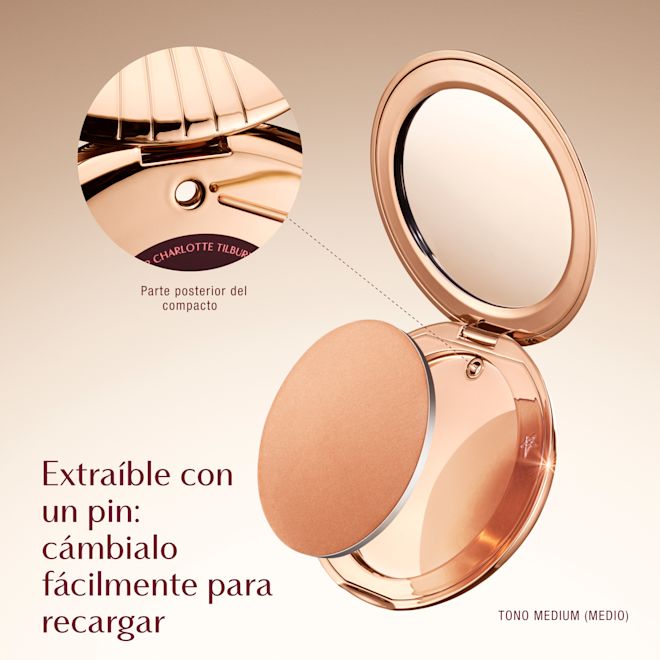 ES Airbrush Flawless Bronzer Refill-1 A Charlotte Tilbury compact with a mirror and refillable makeup pan. Text reads 'Pop Out with a Pin and Swap for Easy Refill' and 'Featuring Shade Medium.' An inset image shows the back of the compact with a pinhole for easy removal.