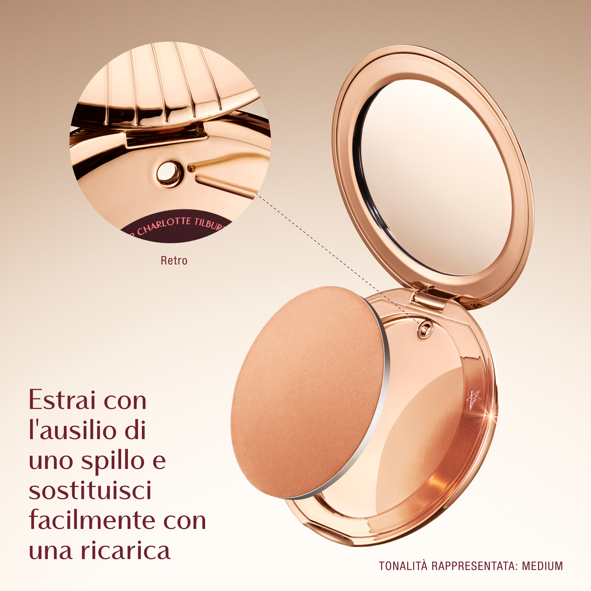A Charlotte Tilbury compact with a mirror and refillable makeup pan. Text reads 'Pop Out with a Pin and Swap for Easy Refill' and 'Featuring Shade Medium.' An inset image shows the back of the compact with a pinhole for easy removal.