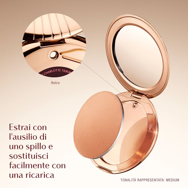 IT Airbrush Flawless Bronzer Refill A Charlotte Tilbury compact with a mirror and refillable makeup pan. Text reads 'Pop Out with a Pin and Swap for Easy Refill' and 'Featuring Shade Medium.' An inset image shows the back of the compact with a pinhole for easy removal.