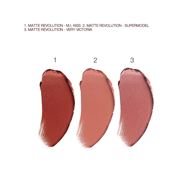 Swatches of three, matte lipsticks in shades of red-brown, brown-pink, and nude peach. 