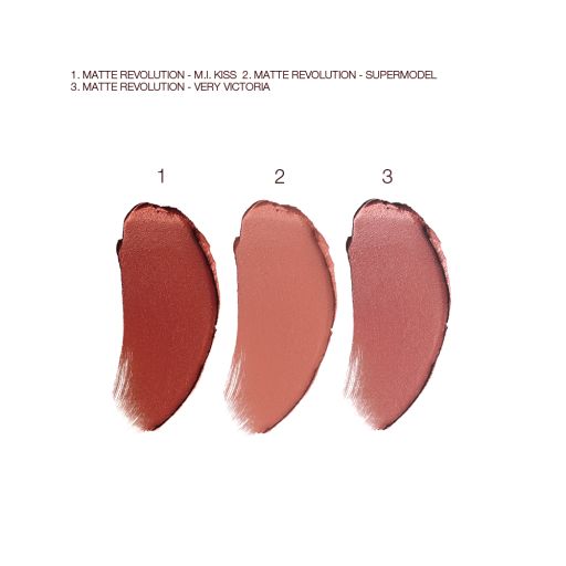 Swatches of three, matte lipsticks in shades of red-brown, brown-pink, and nude peach. 