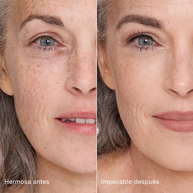 Antes y después de usar Airbrush Flawless Concealer en el tono 4.5 Fair Comparación paralela que muestra la piel antes y después de aplicar el corrector Charlotte Tilbury Airbrush Flawless Concealer con las etiquetas de texto "Preciosa antes", "Impecable después".
