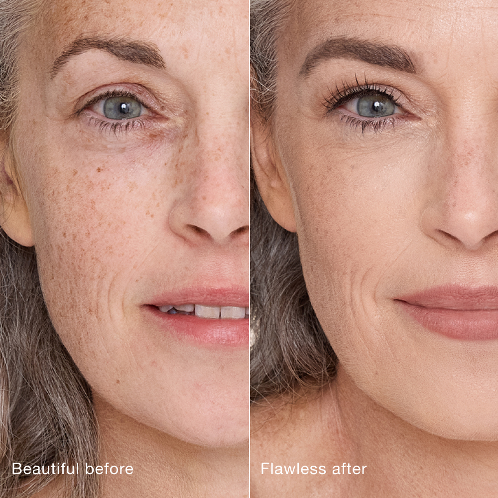 Side-by-side comparison showing skin before and after applying Charlotte Tilbury Airbrush Flawless Concealer, with text labels 'Beautiful before' and 'Flawless after'.
