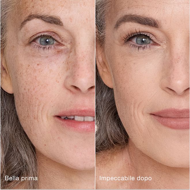 Airbrush Flawless Concealer - 4.5 fair prima e dopo Confronto affiancato che mostra la pelle prima e dopo aver applicato il correttore Airbrush Flawless di Charlotte Tilbury, con le etichette di testo "Bella prima" e "Impeccabile dopo".