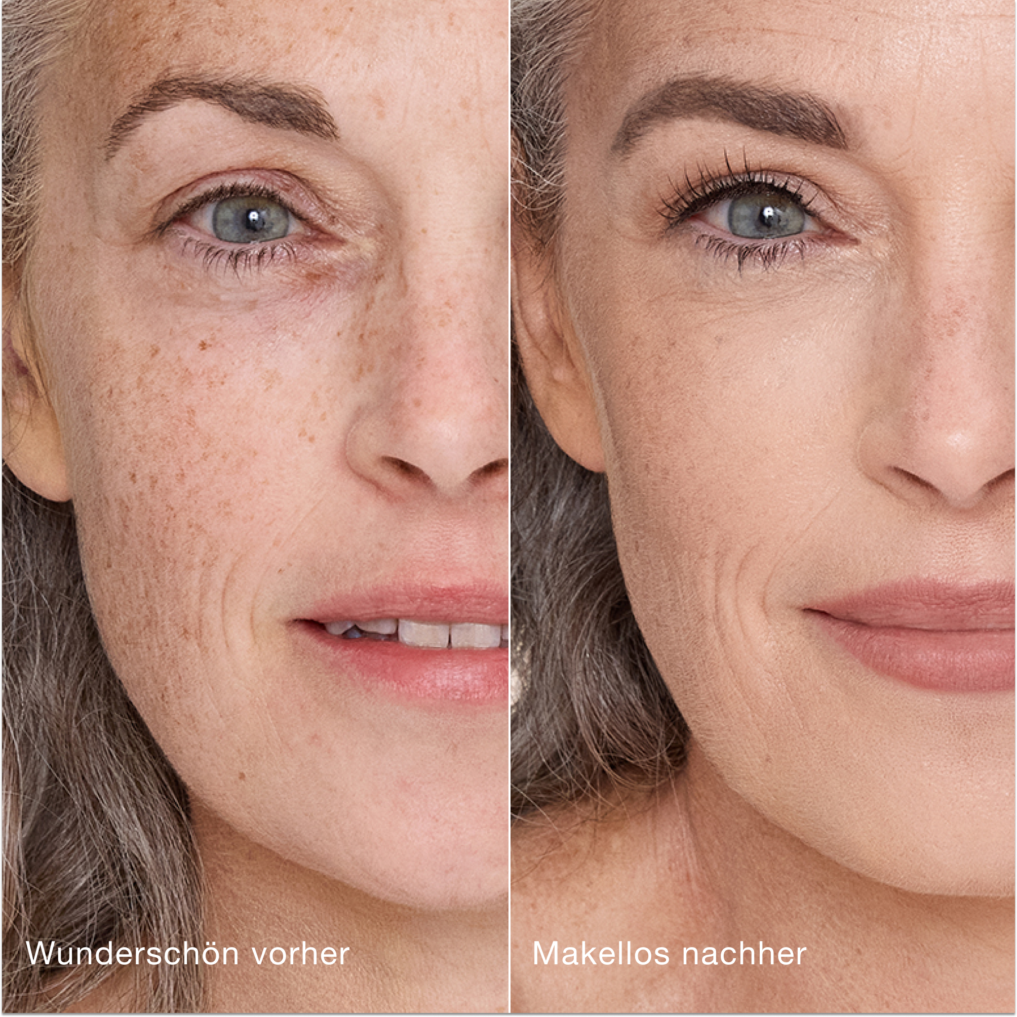 Ein direkter Vergleich zeigt die Haut vor und nach dem Auftragen des Charlotte Tilbury Airbrush Flawless Concealers mit den Beschriftungen „Wunderschön vorher“ und „Makellos nachher“.
