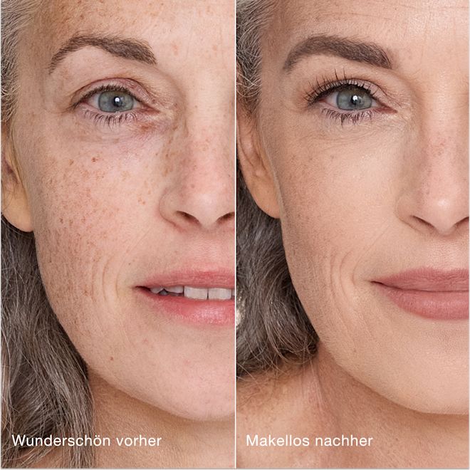 Airbrush Flawless Concealer − 4.5 Fair, Model, vorher und nachher Ein direkter Vergleich zeigt die Haut vor und nach dem Auftragen des Charlotte Tilbury Airbrush Flawless Concealers mit den Beschriftungen „Wunderschön vorher“ und „Makellos nachher“.