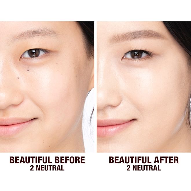 Beautiful Skin Foundation in 2C on fair-tone model before and after Before and after shots of a fair-tone model without any makeup and then wearing glowy, flawless skin, wearing skin-like foundation that adds a youthful glow and looks natural along with nude pink lipstick and subtle everyday eye makeup.