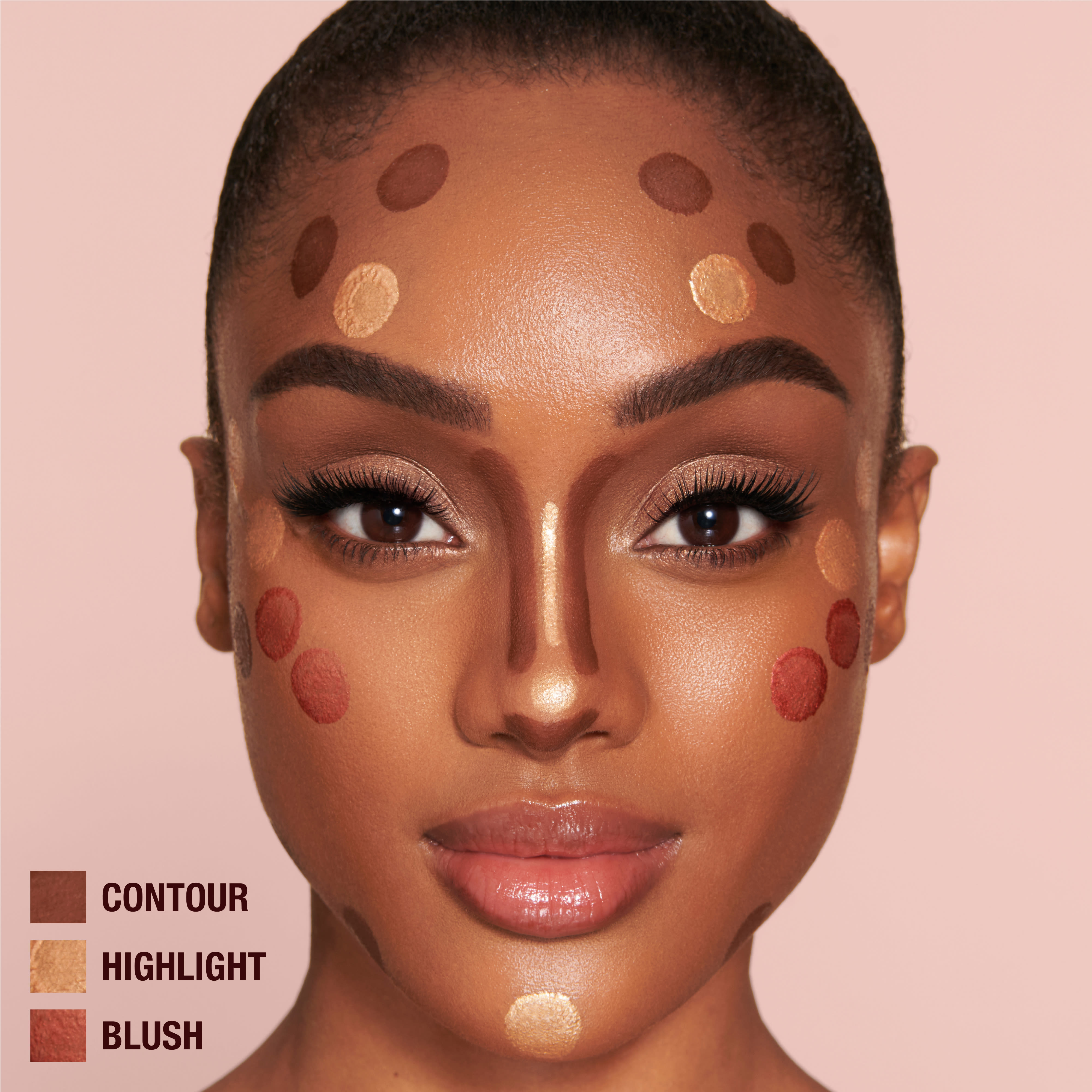 Where to apply liquid blush, highlighter and contour model application