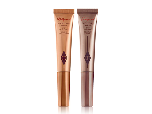 A highlighter wand with a bronzer wand in reflective packaging with the CT logo printed on the tubes.