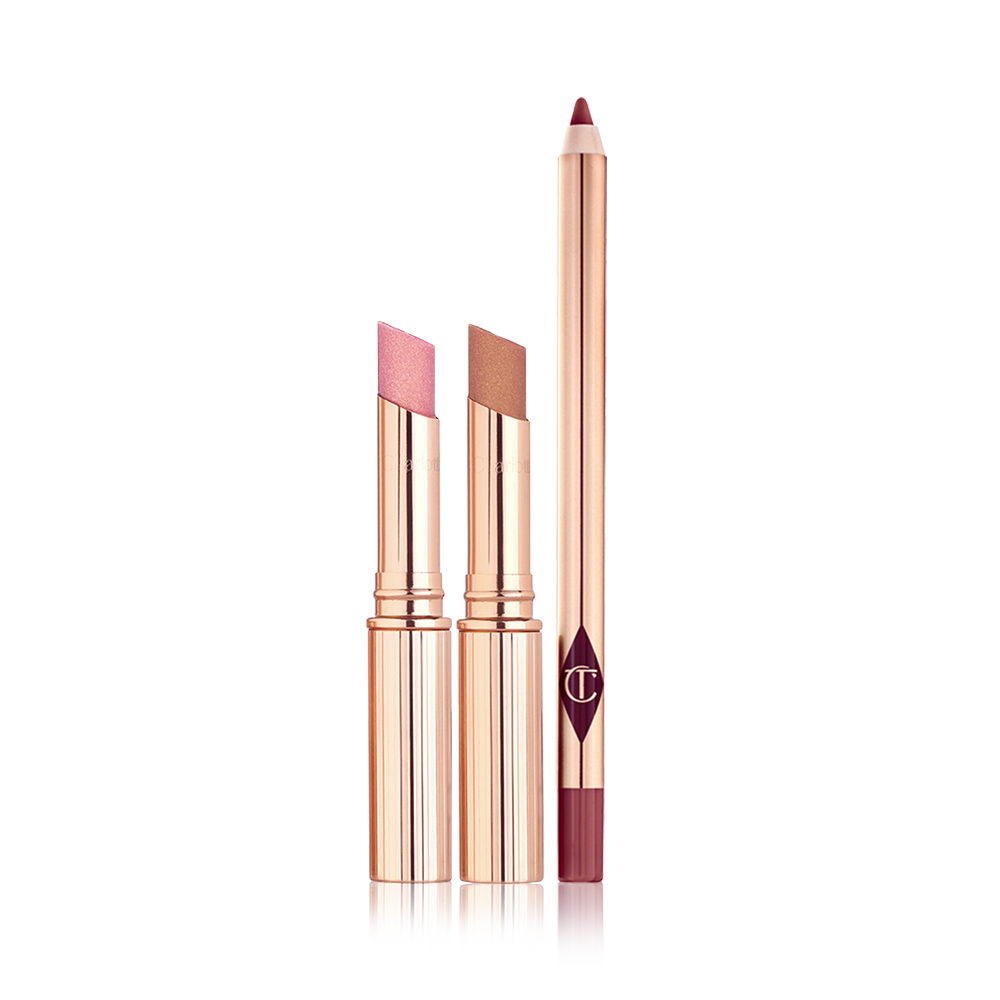Two, open shimmery lipsticks in sheer pink and nude coppery-bronze colour with a lip liner pencil in a brownish-maroon colour.