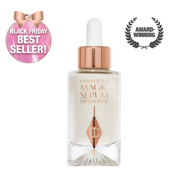 An award-winning, luminous, ivory-coloured serum in a glass bottle with a gold and white-coloured dropper lid.