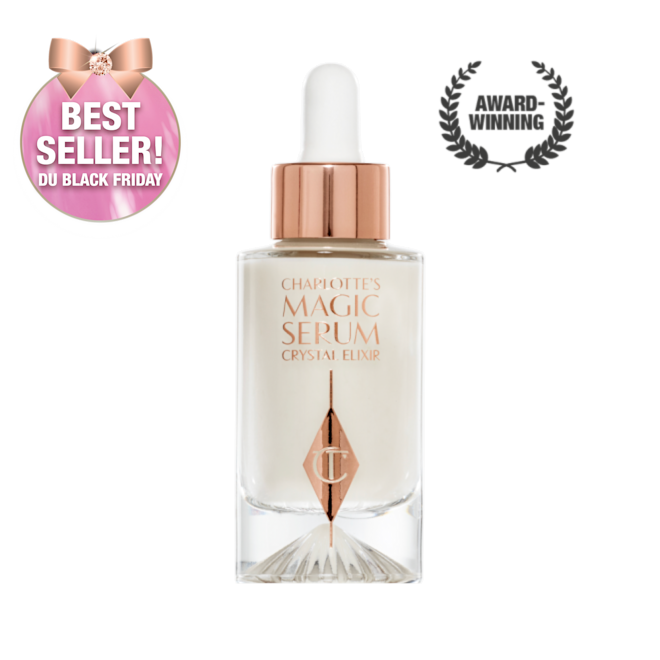 An award-winning, luminous, ivory-coloured serum in a glass bottle with a gold and white-coloured dropper lid.