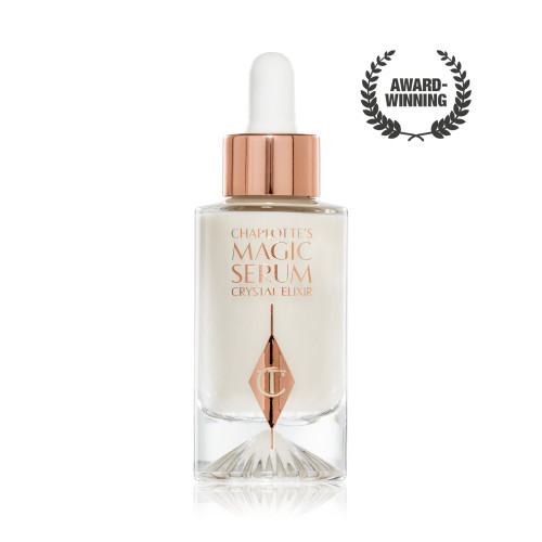 An award-winning, luminous, ivory-coloured serum in a glass bottle with a gold and white-coloured dropper lid.