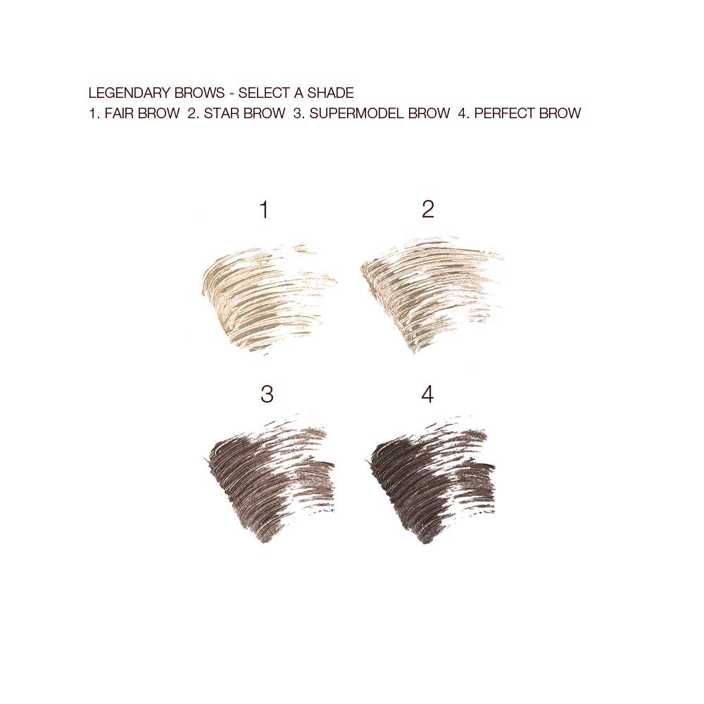 Swatches of Charlotte's Legendary Brows tinted brow gel in shades grey-blonde, light blonde, dark brown, and black brown.