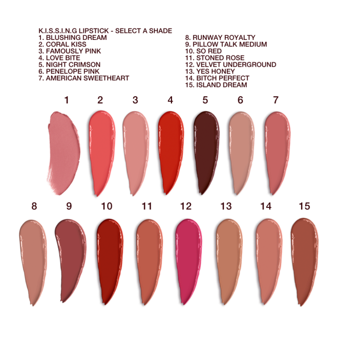 Swatches of fourteen lipsticks with a satin finish in shades of red, brown, orange, pink, and purple. 