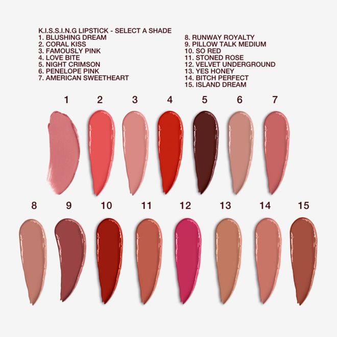 K.I.S.S.I.N.G Lipstick collection swatches Swatches of fourteen lipsticks with a satin finish in shades of red, brown, orange, pink, and purple.