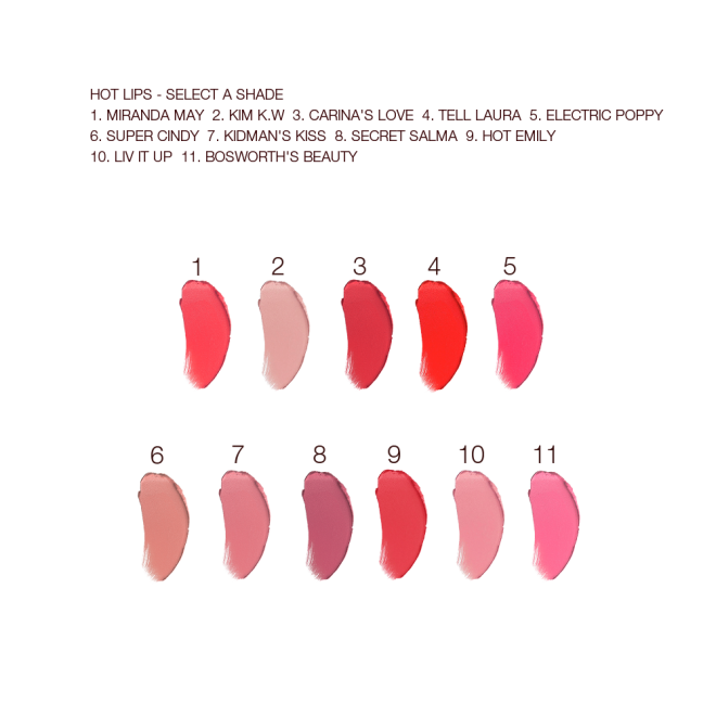 Swatches of eleven lipstick in nude and bold shades of pink, beige, red, orange, and purple.