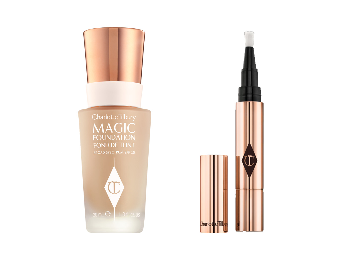 A light beige foundation in a frosted glass bottle with a rose-gold cap with an open concealer in rose-gold packaging. 