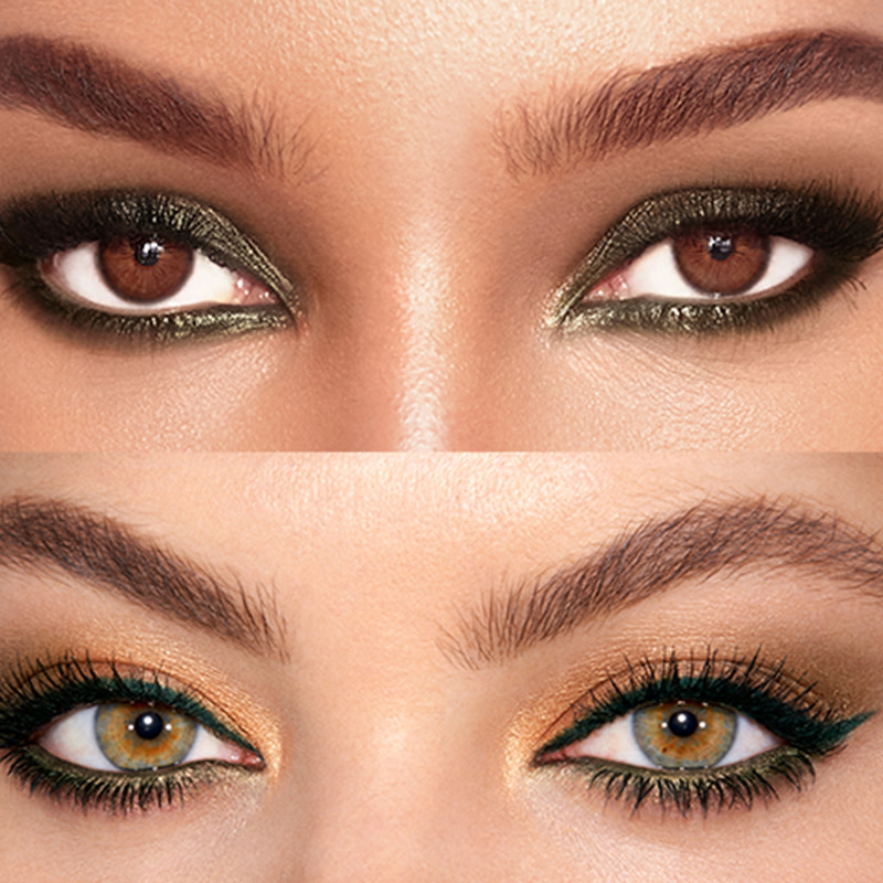 Eyes close-up of two models, one with brown eyes sporting a shimmery emerald-green eye look, and the other with hazel eyes wearing bottle-green eyeliner on her upper lid and khaki-green on her lower waterline. 