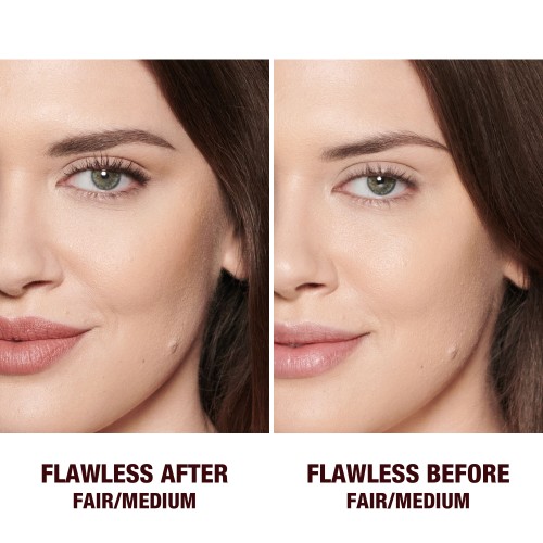 before and after of a fair-tone model wearing glowy makeup without setting it in the before shot and wearing a radiant, setting powder that brightens, cover blemishes, and makes her skin look fresh. 