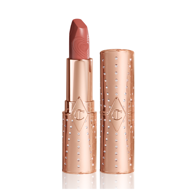 Two lipsticks, with and without lid, in a  universally flattering peachy-nude shade with gold-coloured packaging.