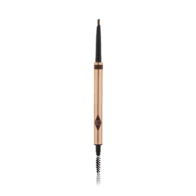 A double-ended eyebrow pencil and spoolie brush duo in a dark brown shade with gold-coloured packaging.