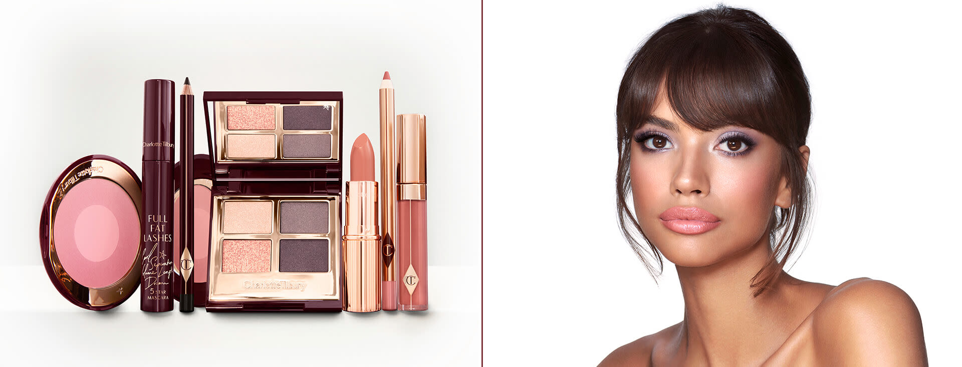 A medium-tone model with brown eyes wearing shimmery lilac and champagne eye makeup with nude pink blush and coral lipstick with gloss on top, along with an open, mirrored-lid eyeshadow palette in matte and shimmery gold and grey shades, an open black eyeliner pencil, a mascara in a dark-crimson colour scheme, a golden-peach lipstick with a matching lip liner pencil, coral lip gloss, and an open two-tone blush in cool pink. 