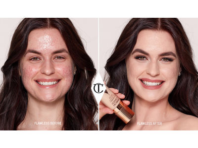 A before and after of a fair-tone model with acne wearing a smoothing, matte foundation that covers her acne and makes her skin appear flawless. 