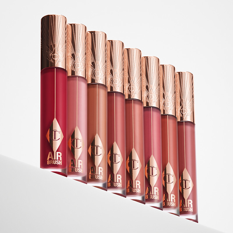 All eight shades of Charlotte's Airbrush Flawless Lip Blur liquid lipstick lined up