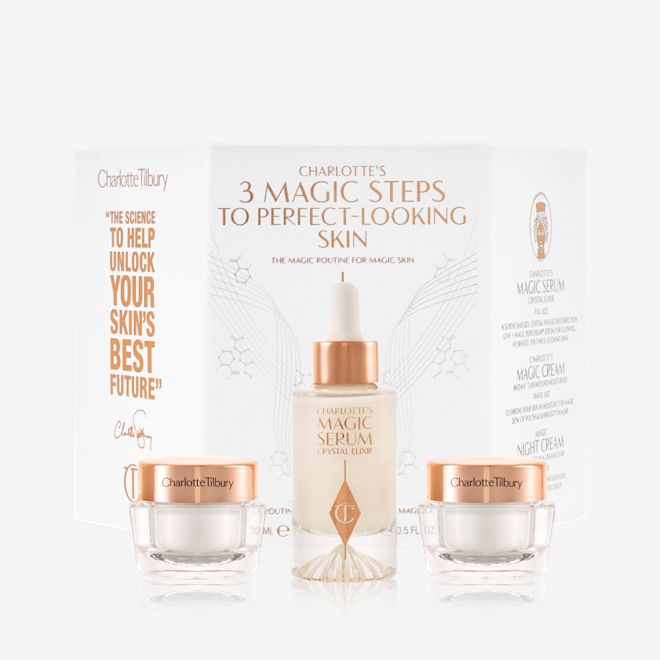 3 Magic Steps Skincare displayed Travel-size, pearly-white face cream in a glass jar with a gold-coloured lid, travel-size fawn-coloured night cream in a glass jar with a gold-coloured lid, and luminous face serum in a glass bottle with a white and gold dropper lid.