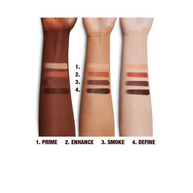 Swatches of four eyeshadows in shades of brown and champagne on light, fair and deep-toned arms. 