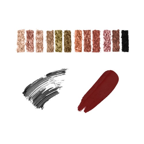 Swatches of a 12-pan eyeshadow palette with matte and shimmery eyeshadows in pink, peach, golden, green, red, peach, copper, brown, and black, black mascara, and maroon matte lipstick.