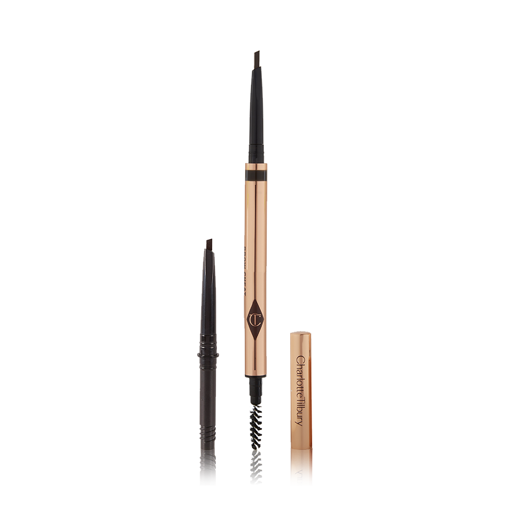A double-ended eyebrow pencil and spoolie brush duo in a black shade with gold-coloured packaging and the refill besides it.