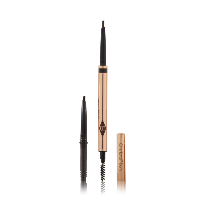 A double-ended eyebrow pencil and spoolie brush duo in a black shade with gold-coloured packaging and the refill besides it.