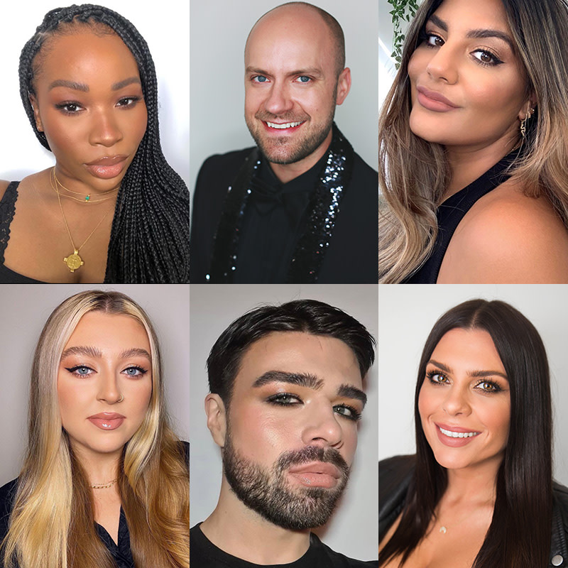 Fair, light, medium, and deep-tone makeup artists wearing glowy makeup.