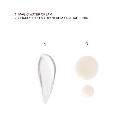 Magic Water Cream packaging and Magic Serum swatches on white background