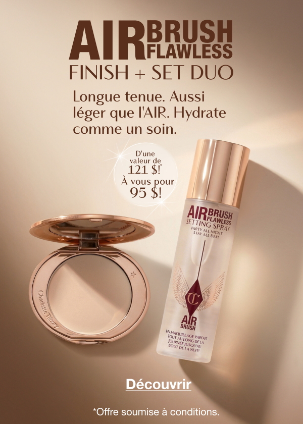 AIRBRUSH FLAWLESS FINISH + SET DUO Longue tenue. Aussi léger que l'AIR. Hydrate comme un soin. D'une valeur de 121 $* À vous pour 95 $