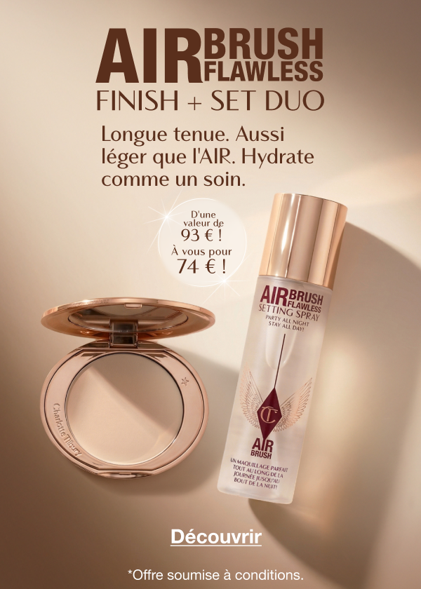 AIRBRUSH FLAWLESS FINISH + SET DUO Longue tenue. Aussi léger que l'AIR. Hydrate comme un soin. D'une valeur de 93 €* À vous pour 74 €