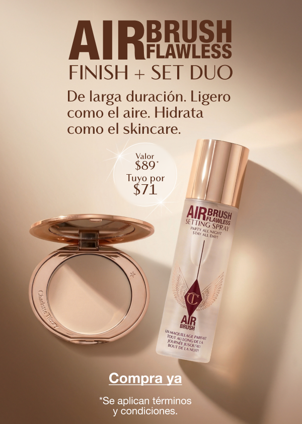 AIRBRUSH FLAWLESS FINISH + SET DUO De larga duración. Ligero como el aire. Hidrata como el skincare. Valor $89* Tuyo por $71
