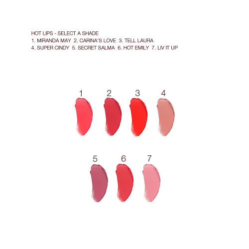 Swatches of seven lipstick in nude and bold shades of pink, beige, red, orange, and purple.