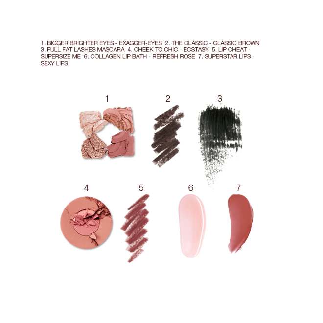 Swatches of a quad eyeshadow palette in shades of pink, brown, and gold, black eyeliner, black mascara, two-tone blush in warm pink and light brown, lip liner in redwood, lipstick lip balm in sheer pink, and lip gloss in terracotta 