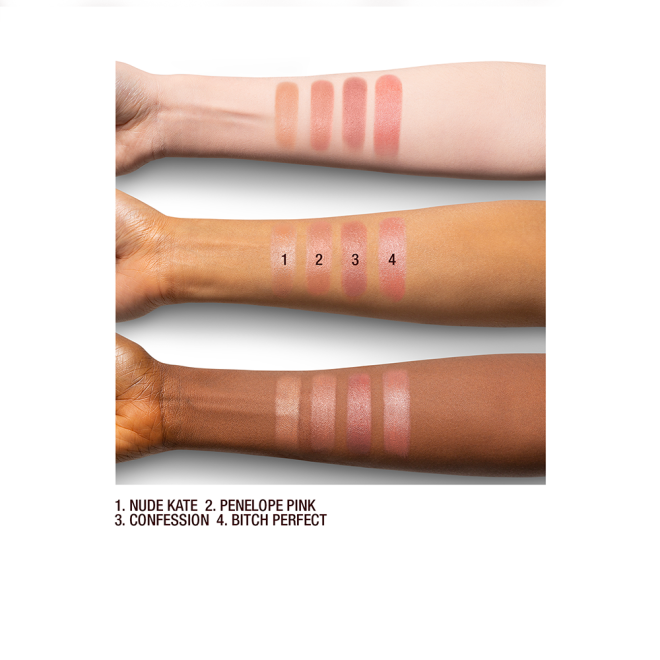 Fair, tan, and deep-skin arm swatches of satin-finish lipsticks in various nude shades. 