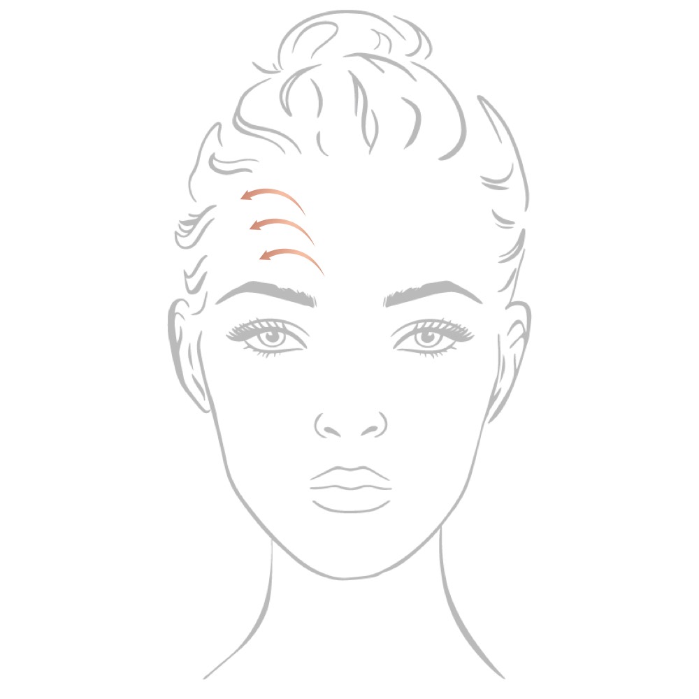 Outline of face with outward arrows from the centre of the forehead as a guide on how to apply face cream on the forehead.